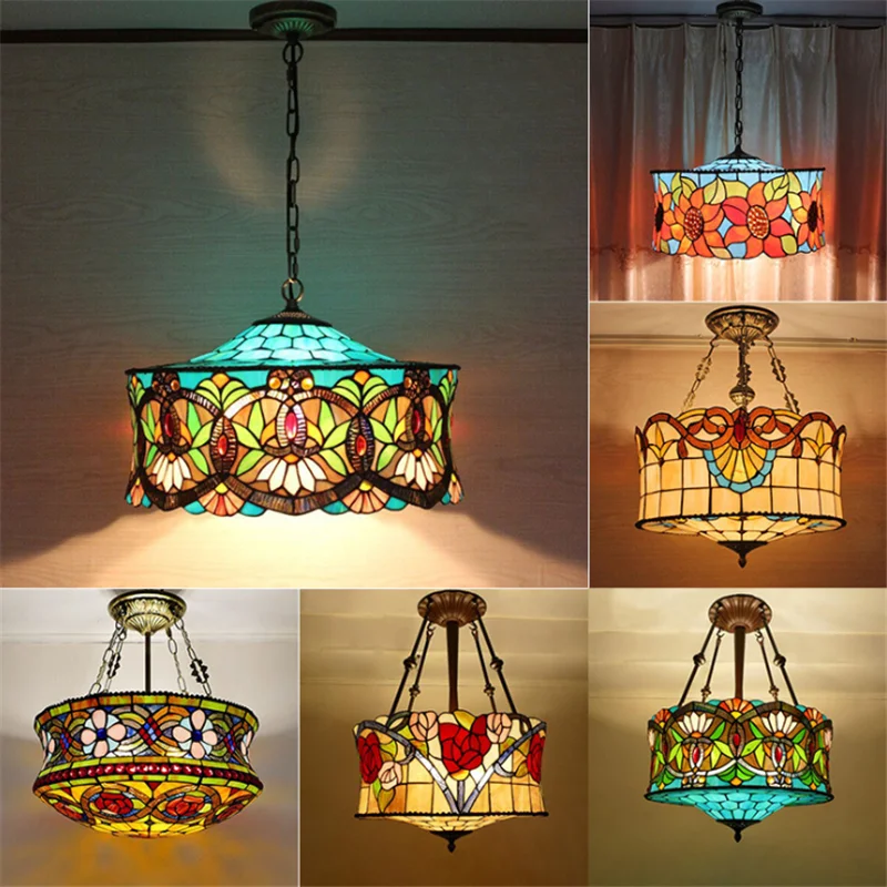 

Tiffany Vintage Colorful Glass Pendant Light Foyer Bar Restaurant Bohemia Exotic Chain Drop Lamp Dia 46cm 1264