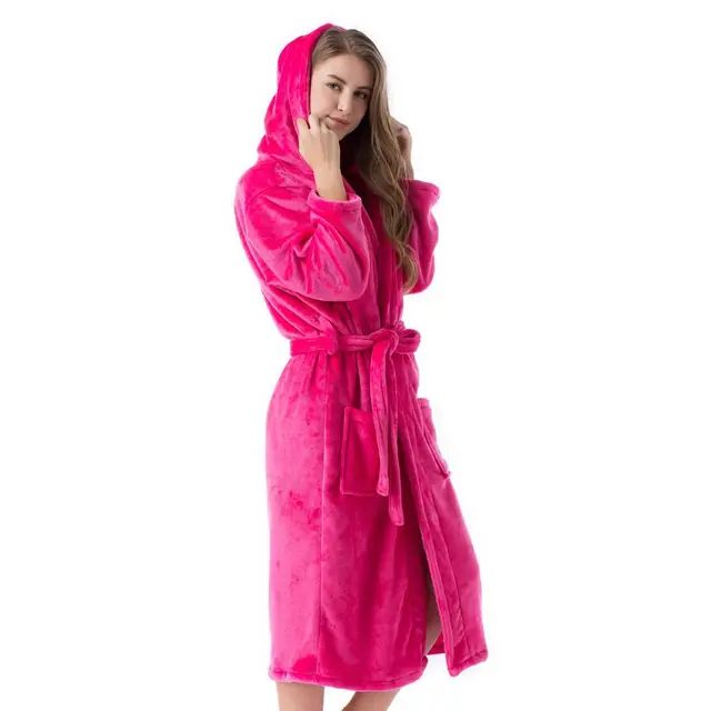 2020 Winter Kimono Robe Plush Fleece Bath Robes For Women Soft Warm Long Sleeve Hooded Nightgown Loungewear Sleepwear Rose Red
