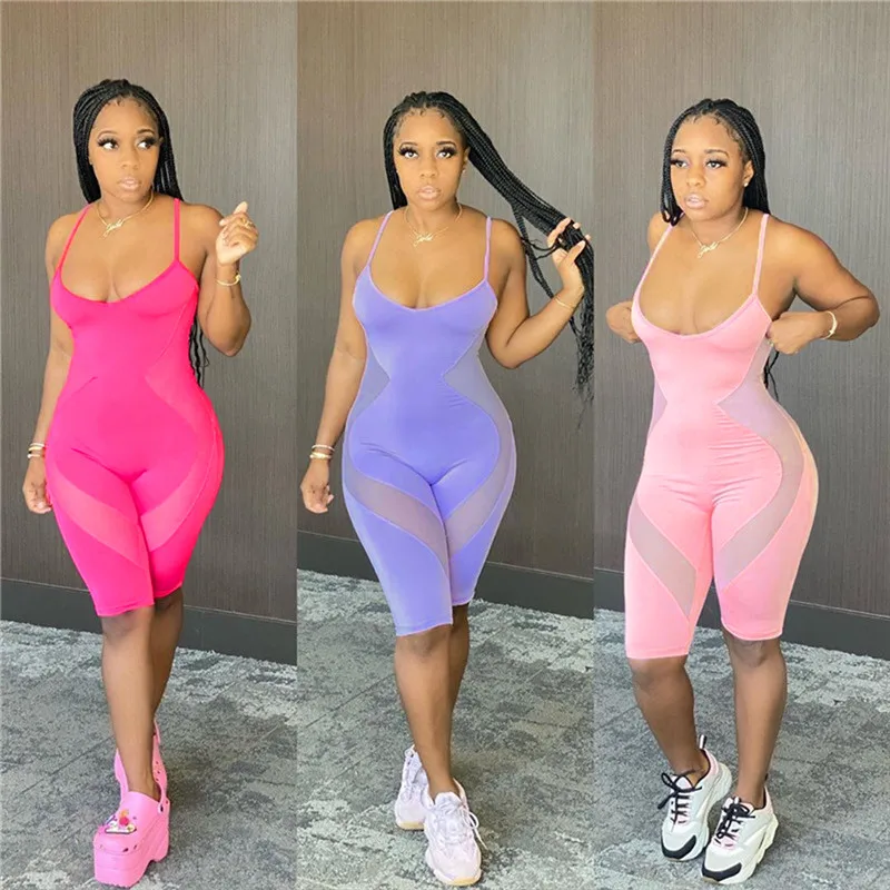 

2020 Sexy Clubwear Women Mesh Sheer Patchwork See Through Jumpsuit Playsuit Sleeveless Strap Bodycon Slim Rompers