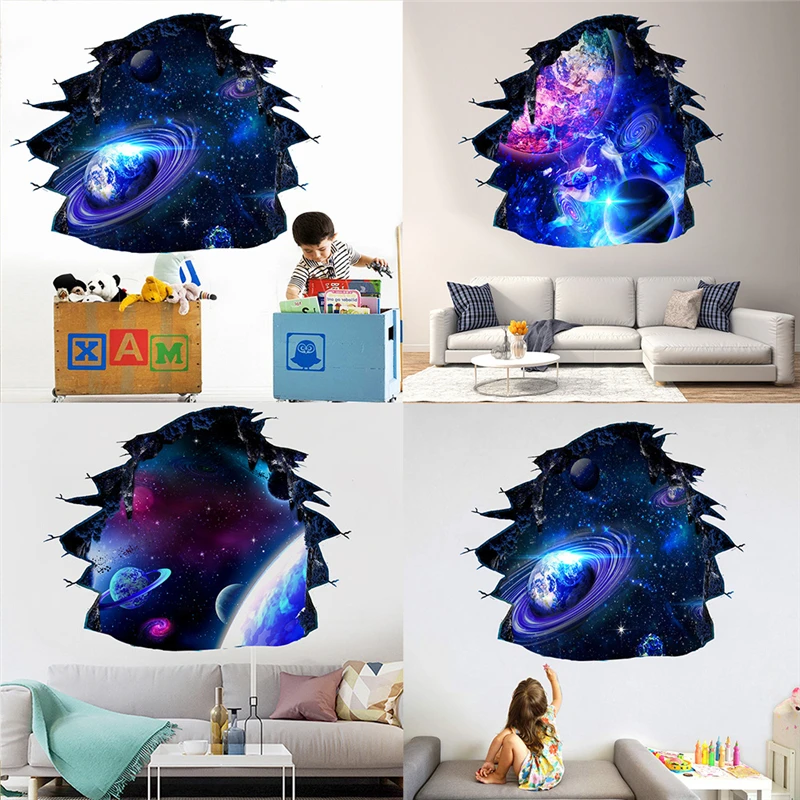 3d Wall Crack Universe Space Wall Decals Star Planet Vinyl Wall Sticker Nursery Adventure Decals Vinyl Mural Kids Room Wall Art Wall Stickers Aliexpress