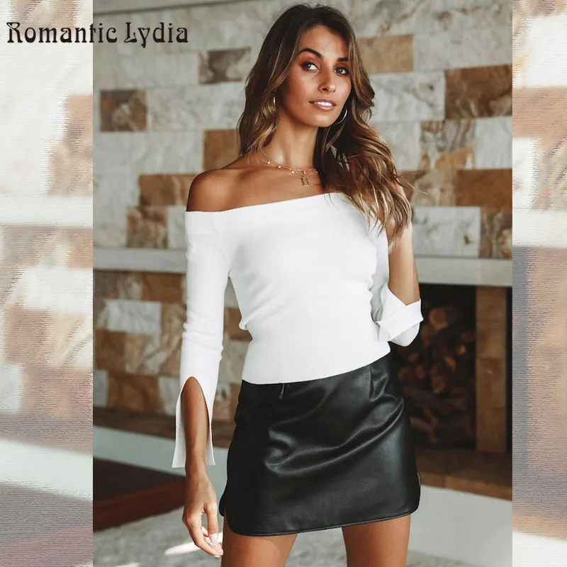 

Summer Autumn Slash Neck T shirt Casual Slim Long Split Sleeve Women T-shirts