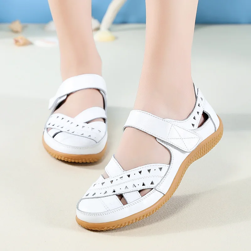 Women Sandals Women Shoes Women Sandals Leather Ladies Sandals Comfortable Flats Walking Covered Toe Beach Shoes Woman Footwear