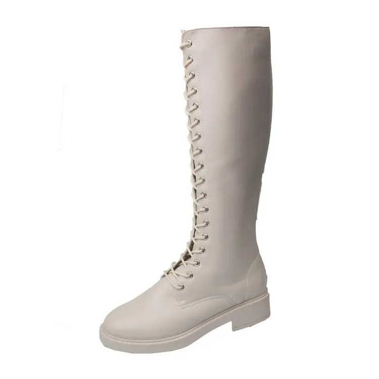 Белый Knight boots cross-tied flats back zipper knee-high booties handsome women shoes winter botas sewing female botines leather - Цвет: Белый