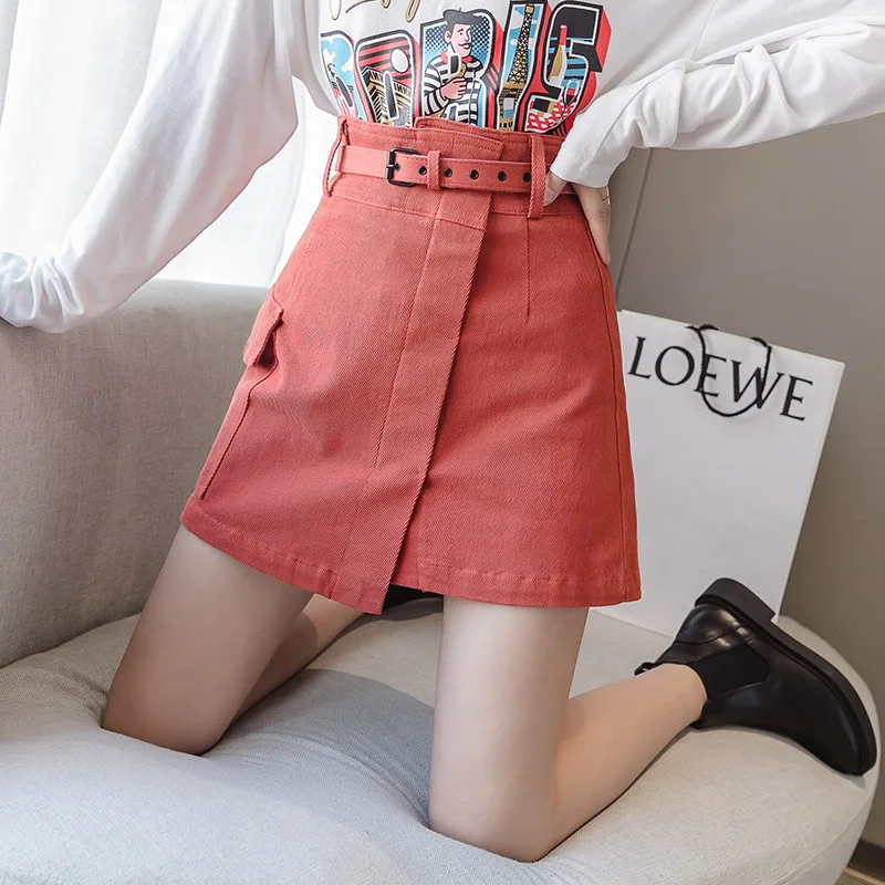 Red Trytree Autumn Women Casual Empire Short Skirt 5 Colour A-line Fashion Elegant Pockets Button Belt Mini Office Lady Short Skirt - Color: Red