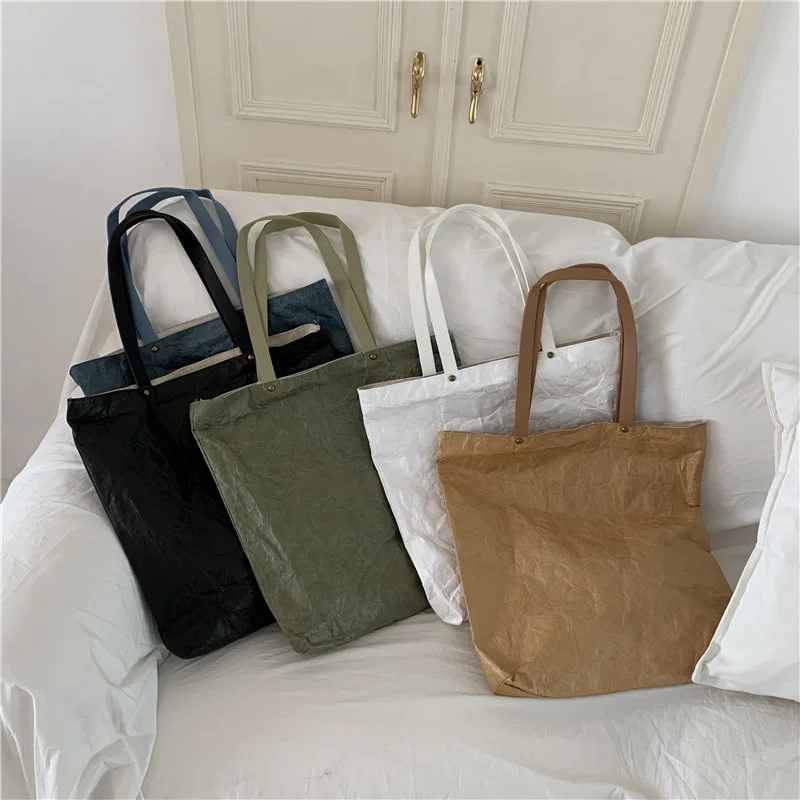 Fashion Korean Version Simple DuPont Hand-held Vintage Washed Kraft Paper Tote Bag Tyvek One Shoulder Straddle Women's