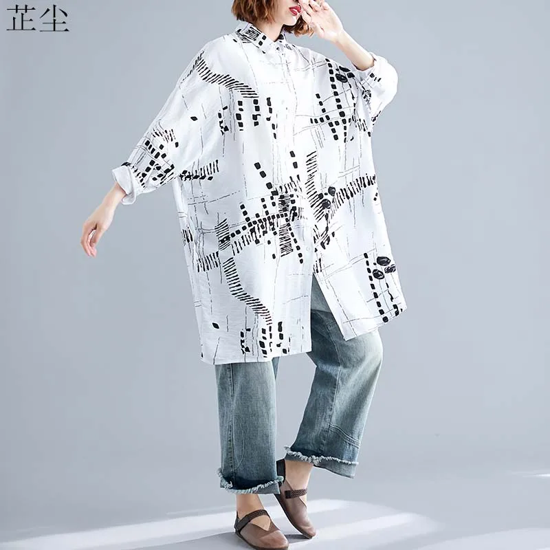 Осенняя женская блузка плюс размер 4XL 5XL 6XL хлопок более размер Летучая мышь белый винтажный льняной длинный кардиган Roupa Feminina