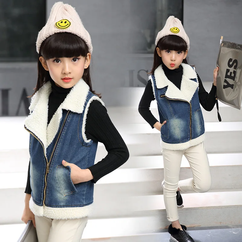 

Girls Denim Waistcoat Autumn And Winter 2018 Winter Korean-style Lambs Wool Waistcoat Big Boy Versatile Western Style Coat Fashi