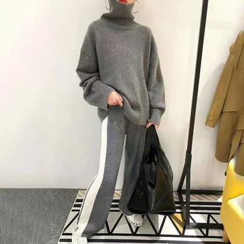 

Autumn Two Piece Sets Women Korean Elegant High Neck Solid Knitted Sweater and Wide Legs Long Pants Tracksuits Causal Suits