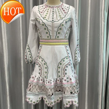 

Out Indie Hollow Dress Women Embroidery Long Sleeve High Waist Midi Dress