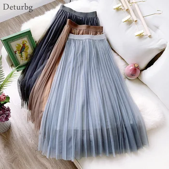 

Women's Elegant Solid Color A-line Tulle Skirt Ladies Korean High Waist Pleated Tutu Midi Mesh Skirts Saias 2020 Spring SK516