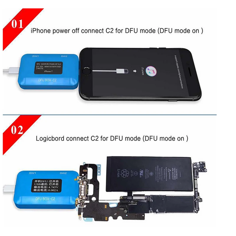 JC DFU BOX-C2 восстановление IOS Перезагрузка SN/ECID/Информация о модели чтение USB ток/напряжение дисплей для мобильного телефона быстрое обнаружение