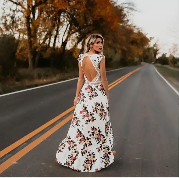 Элегантный цветочный принт кружева Maxi dress Vestidos сексуальный глубокий v-образный вырез с низким вырезом на спине летнее платье Для женщин boho асимметричное длинное платье