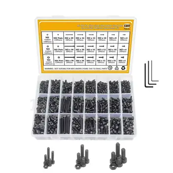 

1200Pcs M2/M3/M4 Cylinder Head Hex Socket Screw Nut Flat Round Cap Head Screws Bolts and Nuts Assortment Kit with 3 Wrenches