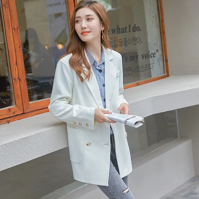 2023 Autumn Women Loose Suit Jacket Korean Style Solid White Black Blazer Coat Double-breasted Work Casual Elegant Outwear