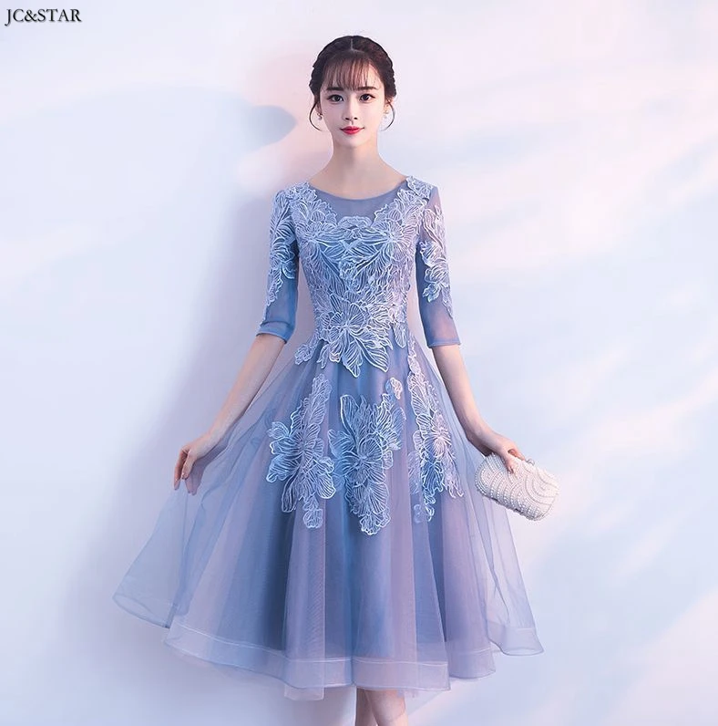 Vestidos de fiesta largos elegantes de gala boda Черпак шеи Кружева Половина рукава линия Серебряный Розовый пыльно-синий платье подружки невесты