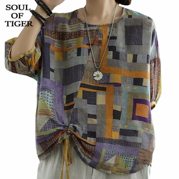 

SOUL OF TIGER New 2020 Summer Korean Fashion Ladies Vintage Tops Womens Casual Linen Shirts Short Sleeve Plaid Blouses Plus Size