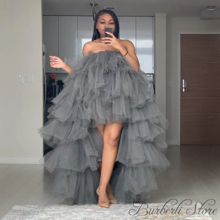 Hi Low Puffy Tulle Prom Gown Plus Size Tiered
