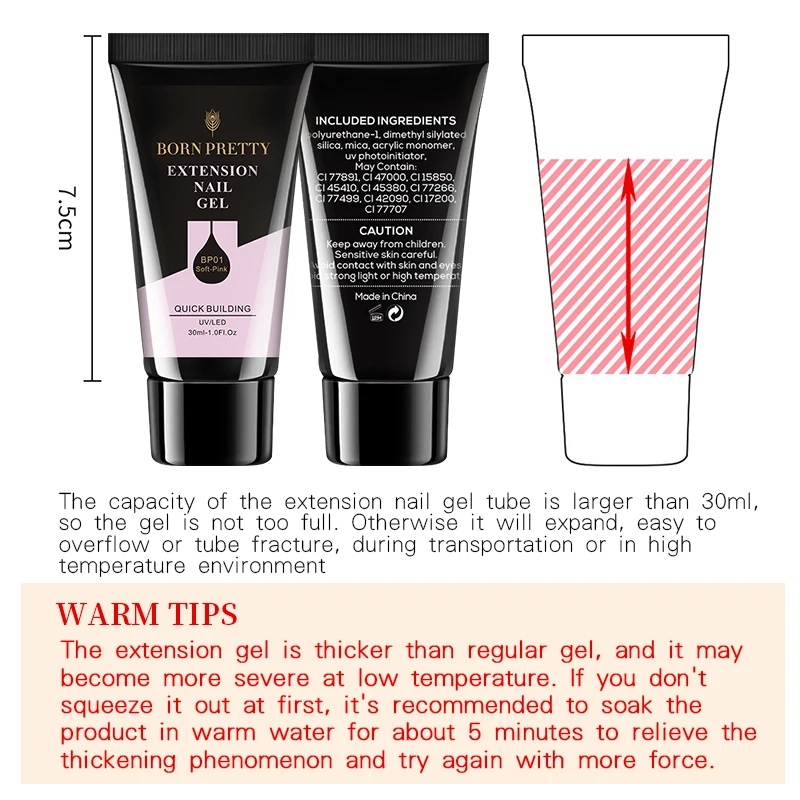 BORN PRETTY 30/20ml Glitter Acrylic Gel Finger Extension Silver Pink Extension Gel Soak Off Nail Art Gel Varnish