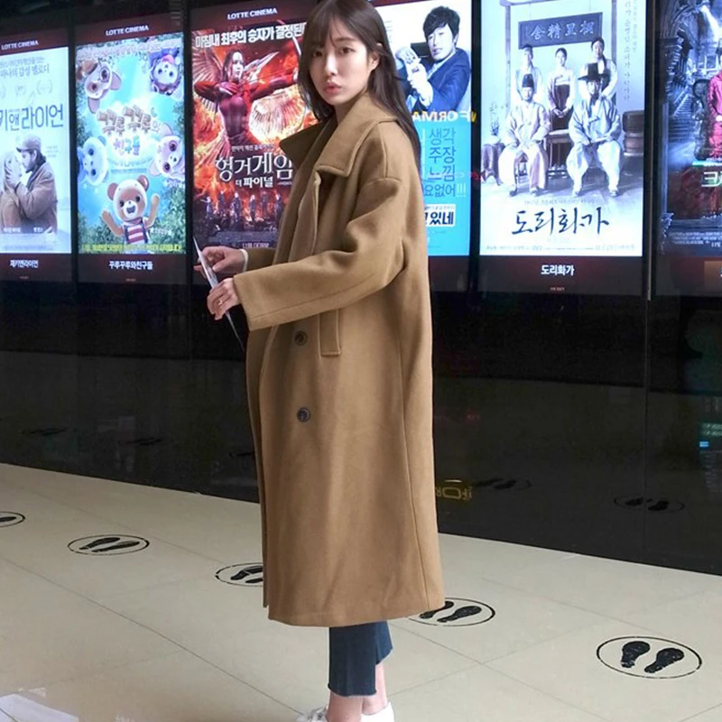 Women Woolen Coat Female New Leisure Loose Large Size Double-breasted Long Faux Wool Coat Abrigos Mujer Invierno