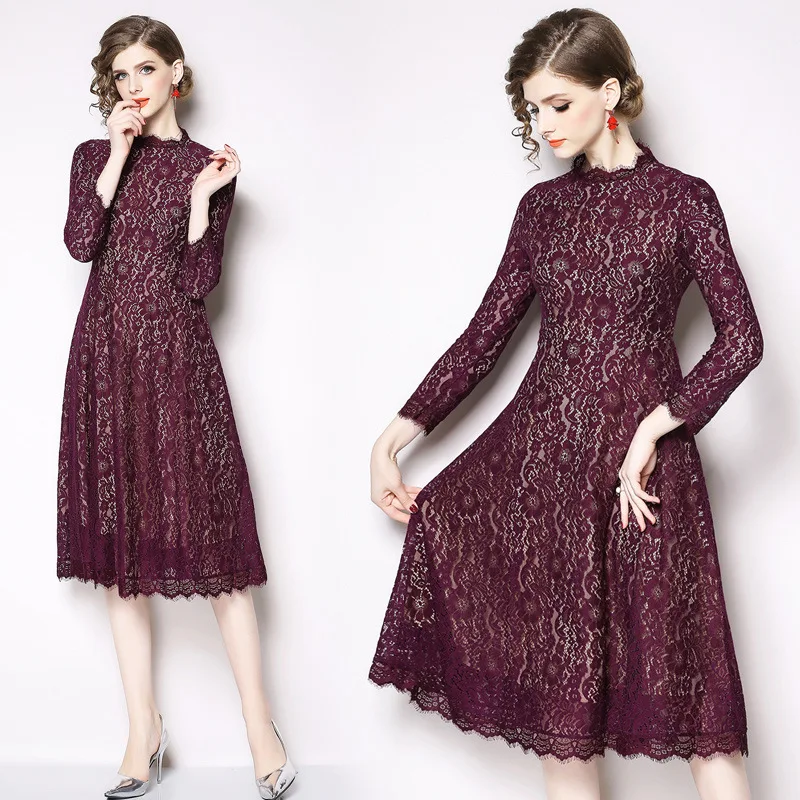 

Photo Shoot Ozhouzhan-Style Stand Collar Dress Autumn Clothing Women's New Style Long Sleeve Slimming Joint Lace Medium-length D