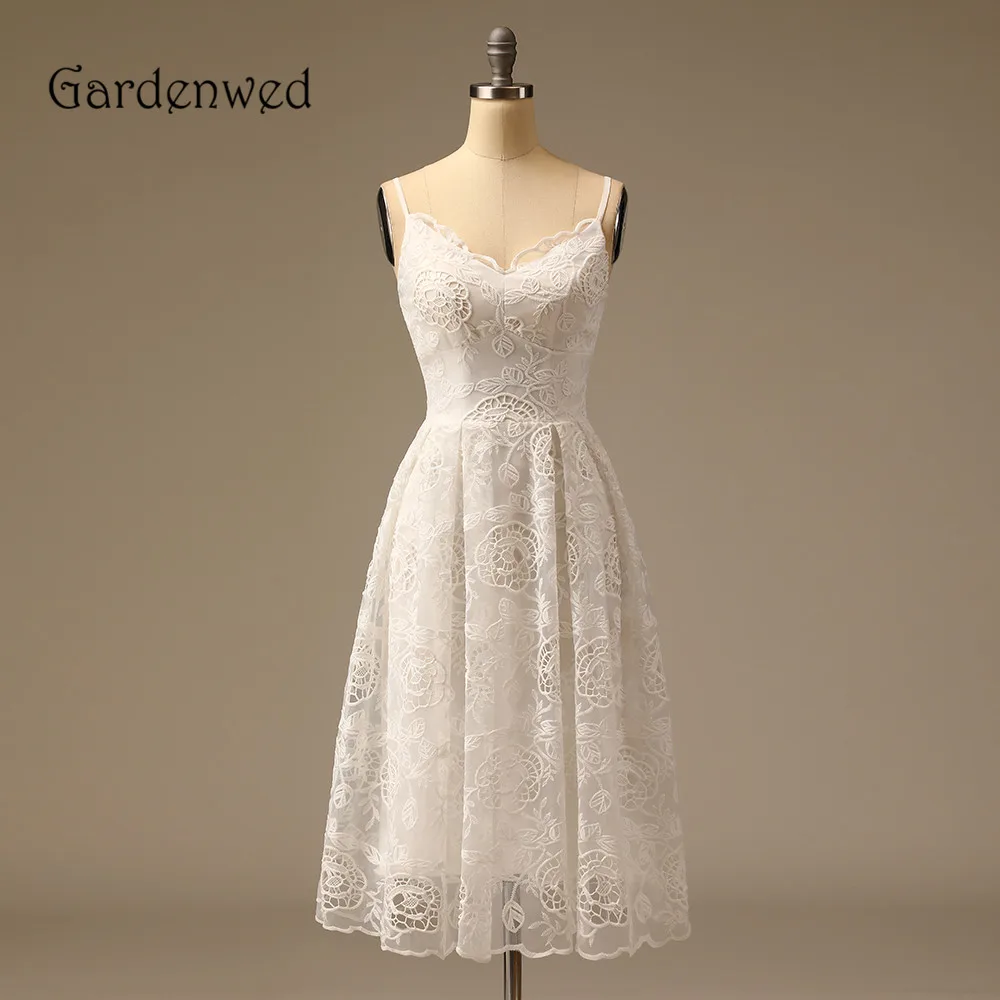 

Gardenwed Simple Lace Short Wedding Dresses Lovely V Neck Spaghetti Straps Knee-length Bridal Gowns 2023 New Fashion Dresses