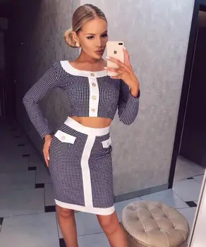 

Celebrity High Quality Blue Plaid Two Pieces Set Bodycon Rayon Bandage Set Evening Party Set