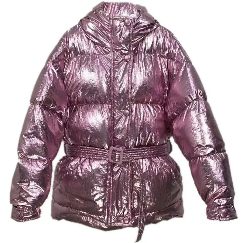glossy silver rose Зимнее модное блестящее серебряное теплое пушистое пуховое пальто для женщин, стильный пуховик с капюшоном, толстые теплые пуховые парки F726 - Цвет: glossy silver rose