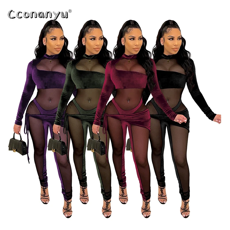 

Облегающий комбинезон, комбинезоны, Цельный Наряд с длинным рукавом, сетчатый Флокированный клубный наряд в стиле пэчворк для женщин, Клубная одежда, 2021, комбинезон