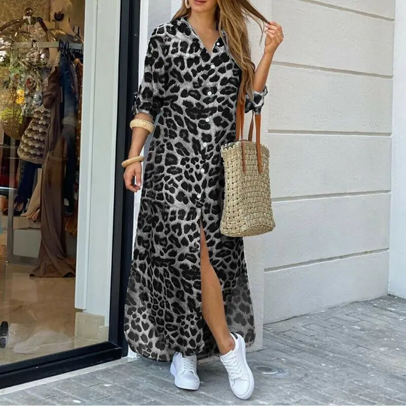 

Women 2020 Summer Elegant Lapel Neck Long Sleeve Dress Button Down Camouflage Maxi Casual Office Lady Beach Party Dress Vestidos