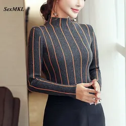 SEXMKL Striped Turtleneck Pullover Women 2022 Winter Thick Sweater Red Korean Ladies Office Knitted Sweater Black Top Pull Femme