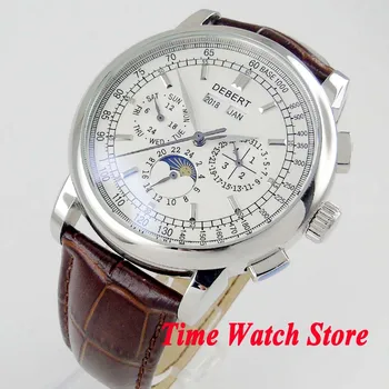 

2019 Debert 42mm Multifunction Automatic wrist men's watch white dial silver hand date week display brown leather strap DE98