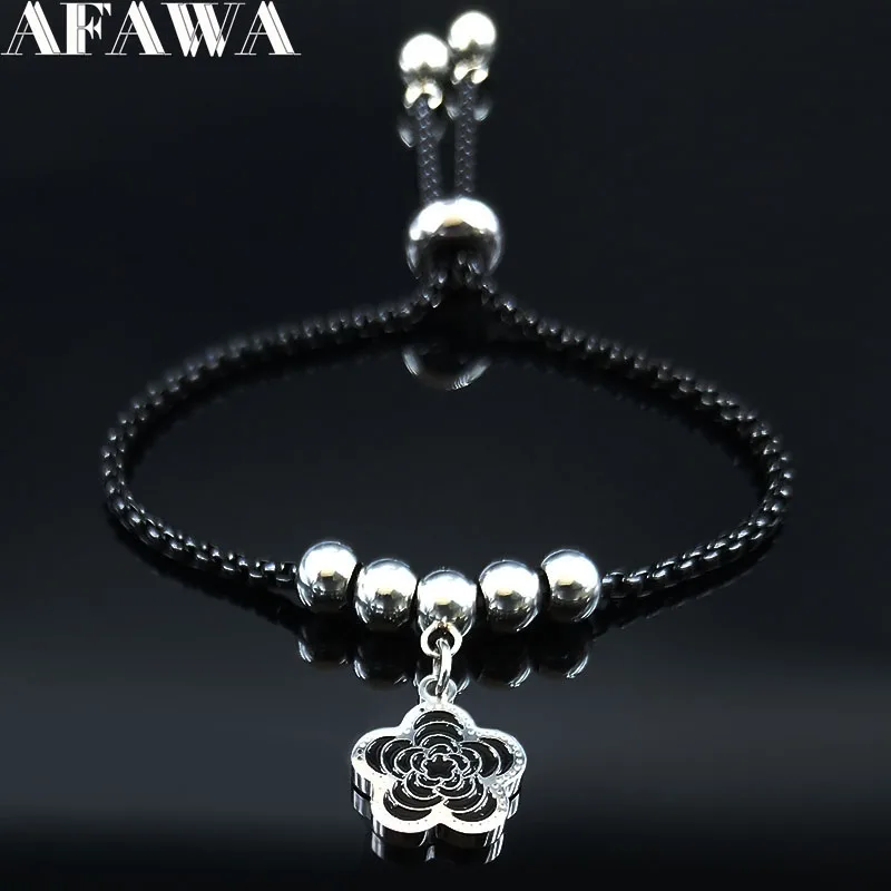 Модный цветок, нержавеющая сталь браслет из бисера для женщин черный серебряный цвет браслет Очаровательное украшение браслет feminina B18502