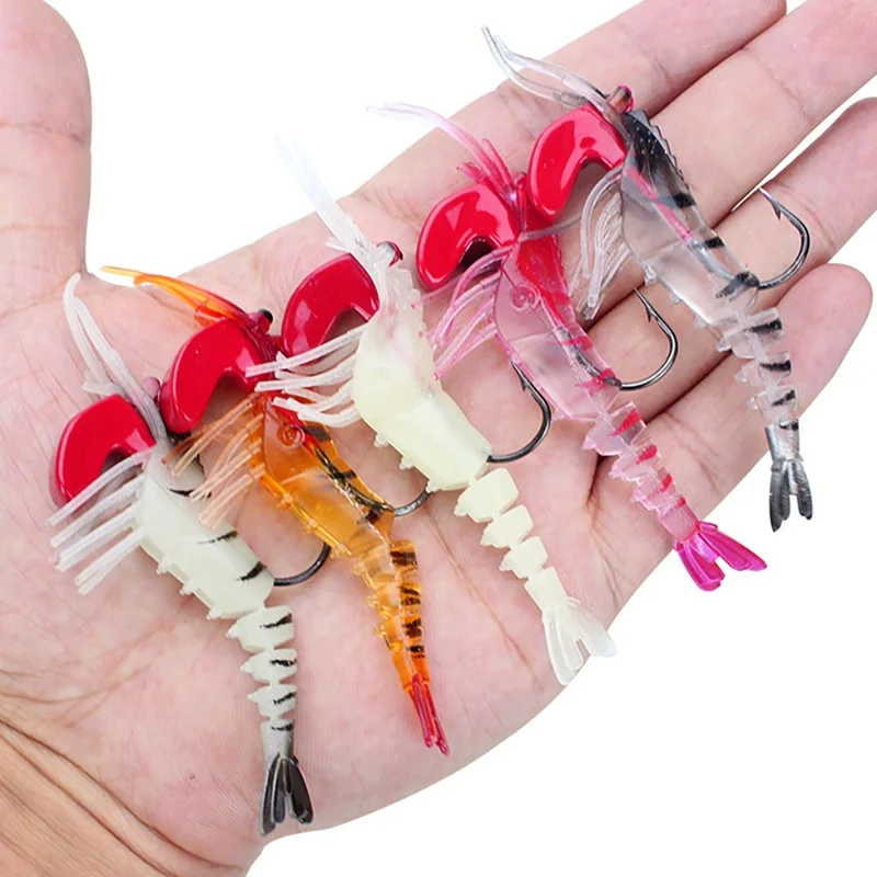 5 шт./компл. приманки, искусственные накладные мульти совместных креветки Форма, которая светится ночью; похожая на настоящую раковина Мягкая приманка рыболовные снасти с рыболовный крючок