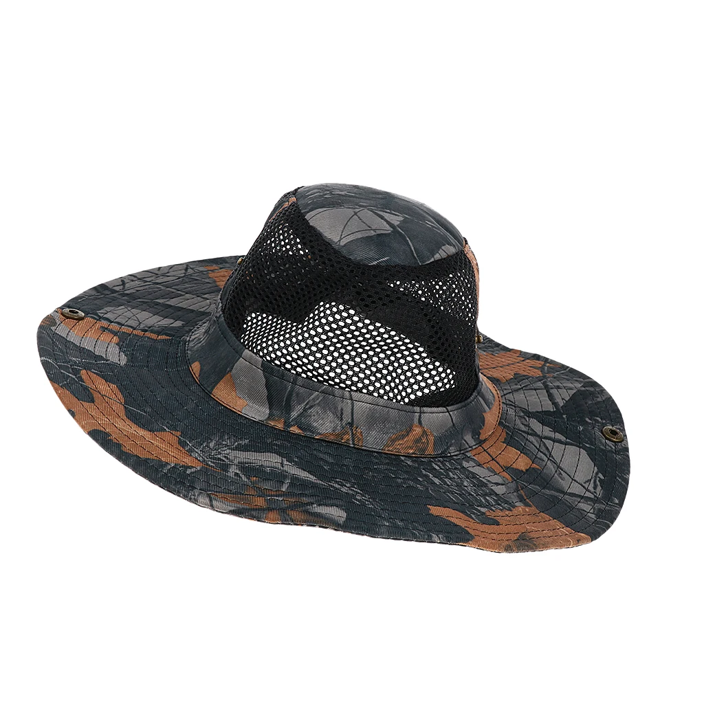 Camouflage Wide Brim Hat Fishing Bucket Bonnie Safari Sun Cap Windproof Polyester Fishing Caps for Women Men