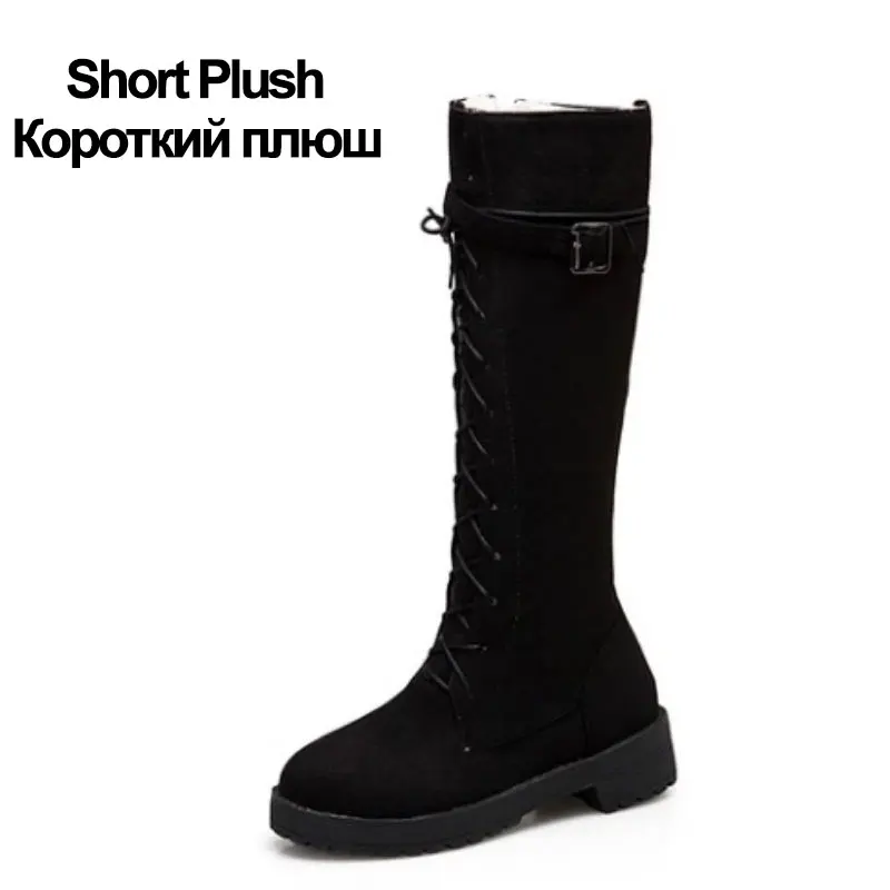 Coolcept/Сапоги до колена; женские зимние сапоги с Плюшевым Мехом; повседневная обувь на шнуровке В рыцарском стиле; женская обувь на Плоском Каблуке с замком-молнией; размеры 34-43 - Цвет: black  short plush