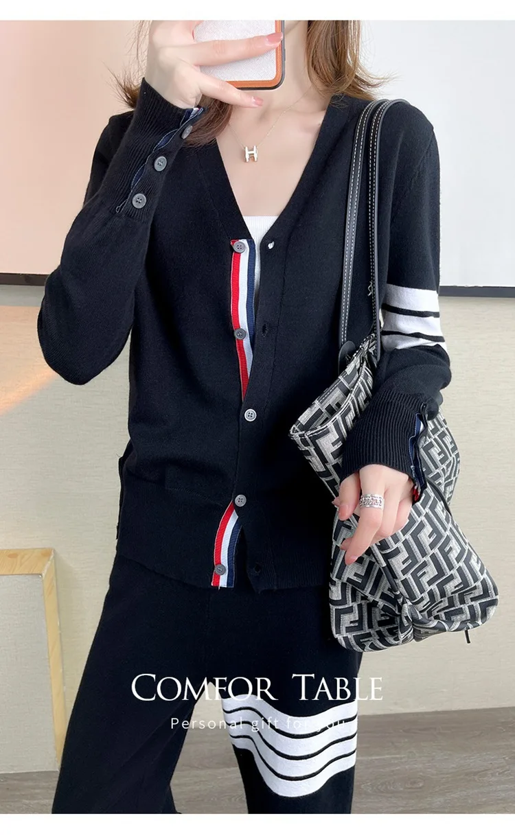 TB suit women's V-neck stripe knitted color matching sweater cardigan coat casual age reducing Harlem Leggings two piece set