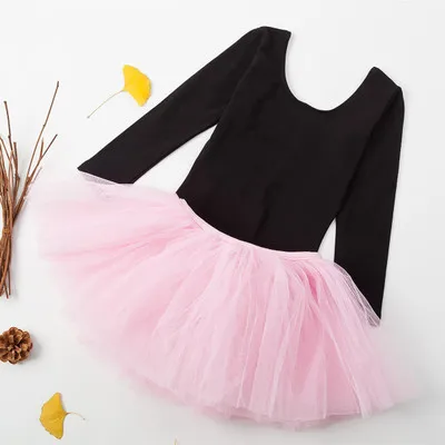 Black and Pink Детское хлопковое гимнастическое трико с длинными рукавами, балетное танцевальное платье танцевальная одежда для девушек с балетной юбкой-пачкой гимнастическое платье - Цвет: Black and Pink