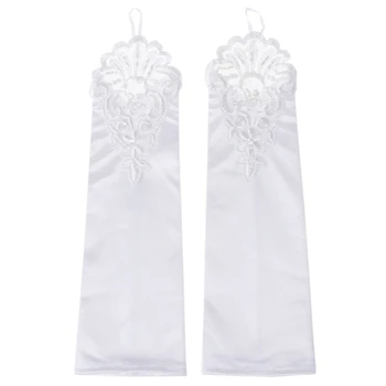 

Women Fingerless Bridal Long Gloves Lace Trim Wedding Party Elbow Length Elegant
