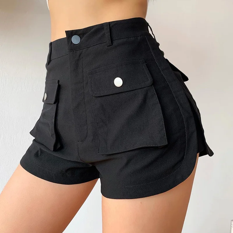 WJFZQM Pockets Black Casual Summer Booty Shorts Women High Waist Sexy