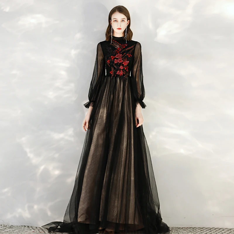 SSYFashion, новинка, винтажное Элегантное Черное вечернее платье, с высоким воротом, с длинным рукавом, с аппликацией, с бисером, с коротким шлейфом, для выпускного вечера, вечерние платья на заказ