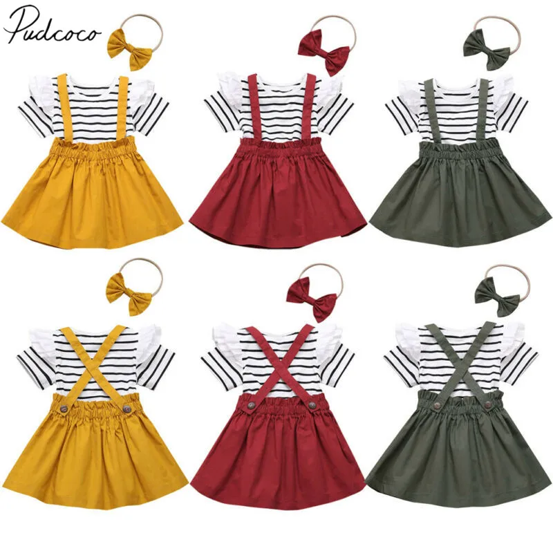 

2020 Baby Summer Clothing 3Pcs Toddler Kid Baby Girl Clothes Striped Short Sleeve Top T-shirt Strap Skirt Headband Outfit Set
