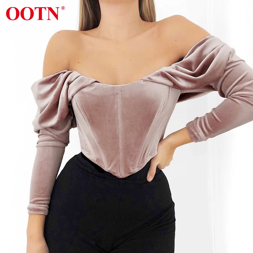 OOTN Асимметричная рубашка с открытыми плечами, топ, женская блузка, сексуальная розовая бархатная туника с длинным рукавом, блузка, женские укороченные топы с рюшами, уличная одежда
