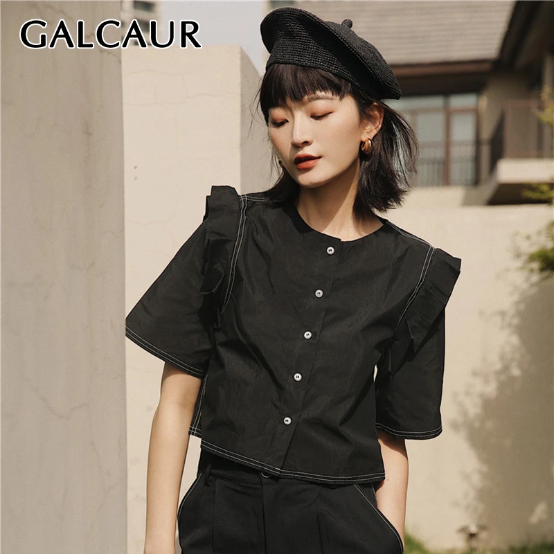 

GALCAUR Summer Ruffle Black Women's Shirts O Neck Short Sleeve Single Breasted Shirts Blouse Female Korean Fashion New 2019