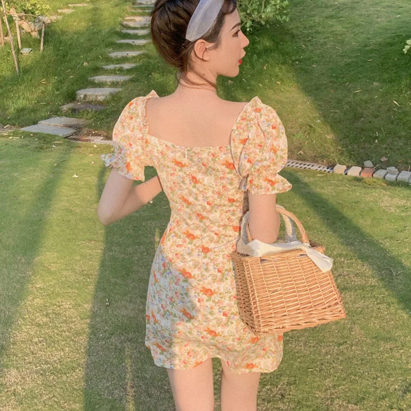 2020 Summer Floral Dress Sundress Korean Women Bosiramia Bubble Sleeves Square Collar Mini Dresses Female Vestidos New arrival