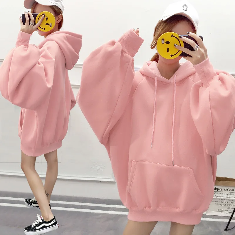 pink Kpop Черный Розовый Лиза же зимние теплые толстовки для женщин корейских студентов плюс бархат фонари рукава с капюшоном сплошной цвет толстовки - Цвет: pink