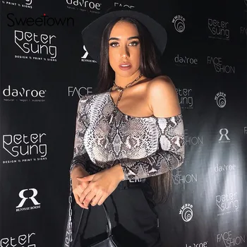 

Sweetown Snake Skin Slope Shoulder Women Bodysuit Slim Sexy Rave Outfits Cut Out Long Sleeve Body Mujer Rompers Spring Autumn