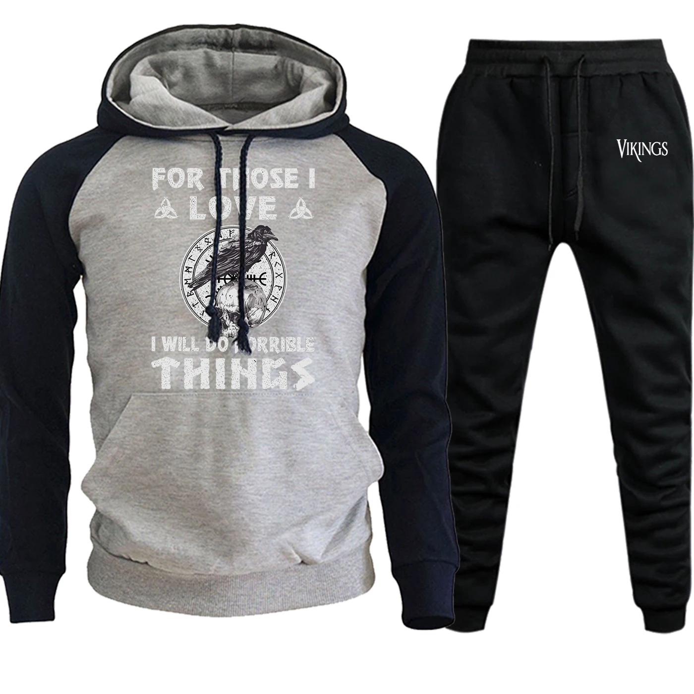 Vikings Vintage Printed Autumn Winter 2019 Streetwear Mens Raglan Hooded Suit Casual Fleece Pullover Hoodie Pants 4