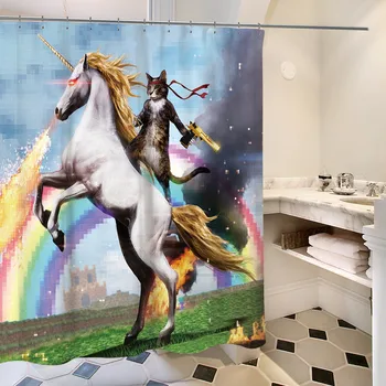 

Cat Shower Curtain Cool Animals Funny Kitten Cat Taking a Gun With Riding a Horse Bathroom Shower Curtains