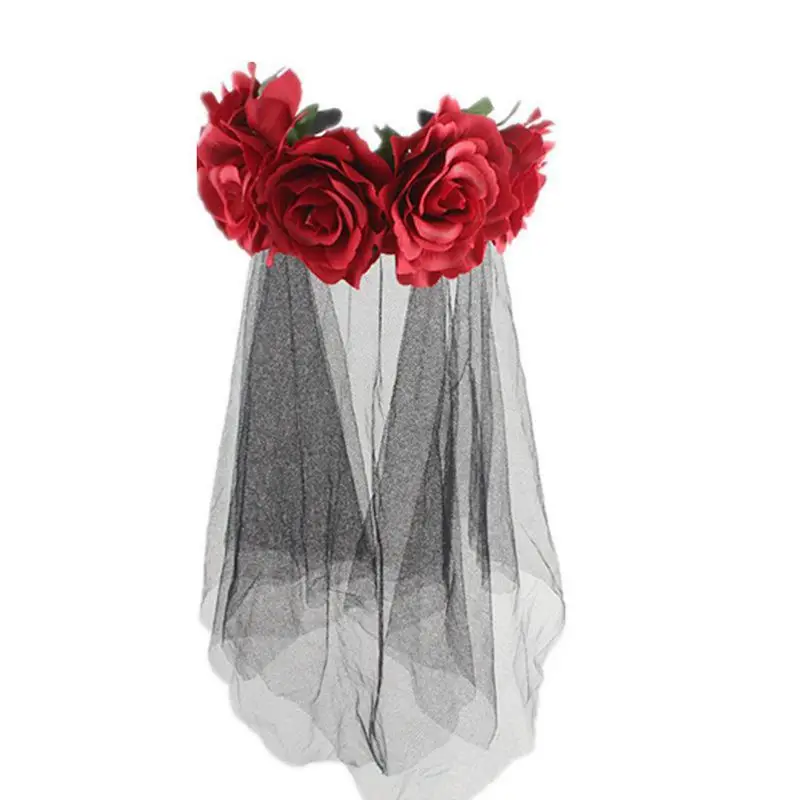 Halloween Wreath Headband Handmade Fabric Rose Flower with Black Mesh Veil Tulle Crown Festival Day of The Dead Hair Hoop - Цвет: R