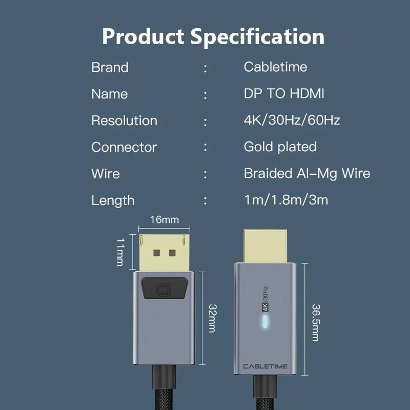 CABLETIME-ο ÷Ʈ-HDMI 4K 60HZ ̺, DP-hdmi 4K 60Hz ȯ DP1.2, HDTV  Ʈ PC C313 
